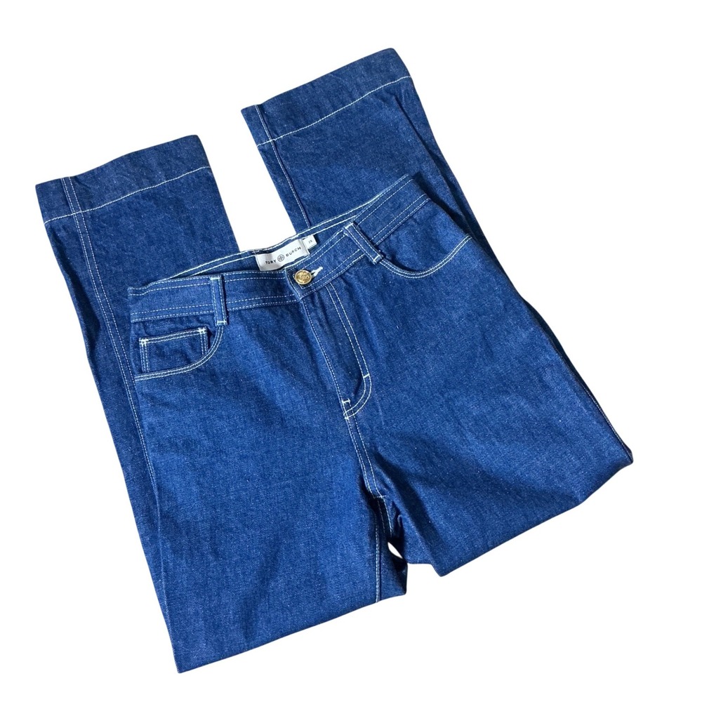 Tory Burch Minimalist Straight Leg Contrast Stitch Indigo Denim Jeans Size‎ 25